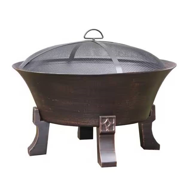 26-inch Outdoor Cast Iron Fire Pit with Mesh Cover and Poker in Bronze-1