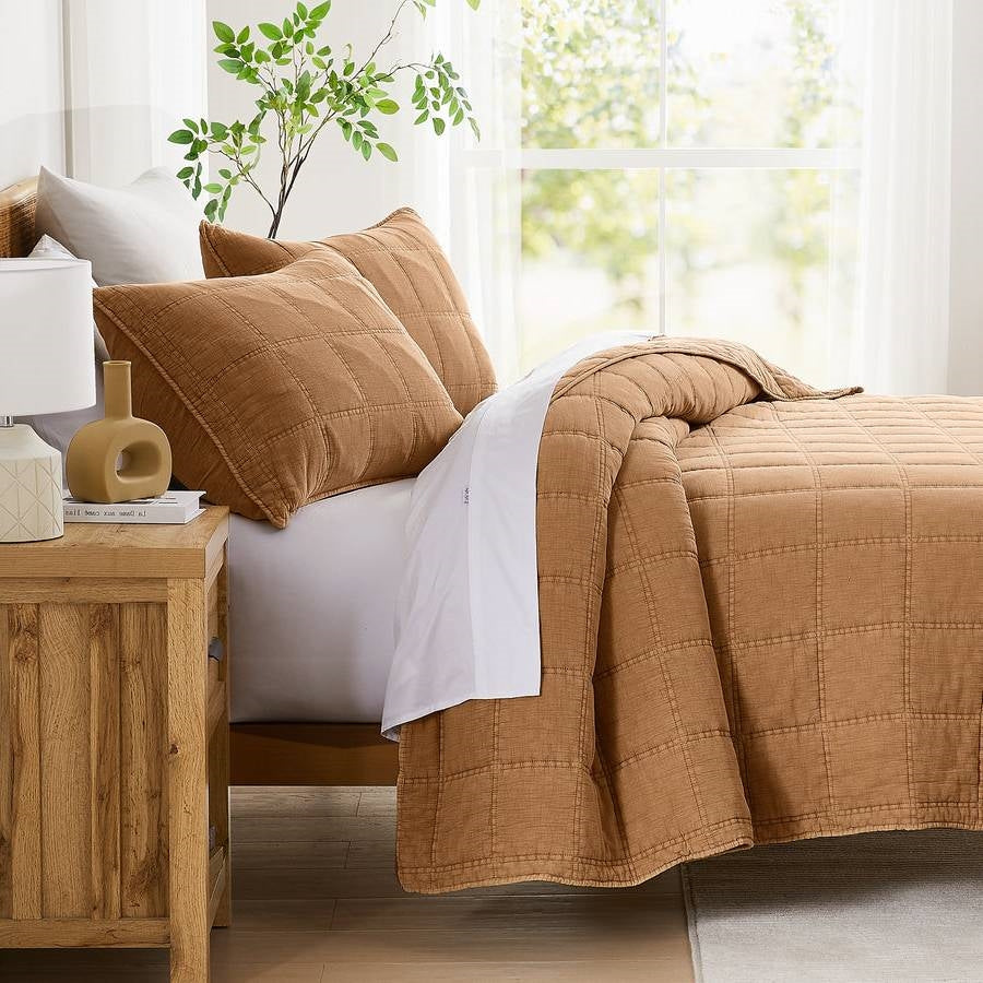 Full/Queen Size 3-Piece Taupe Brown Sienna Faded Stone Washed Cotton Quilt Set-2