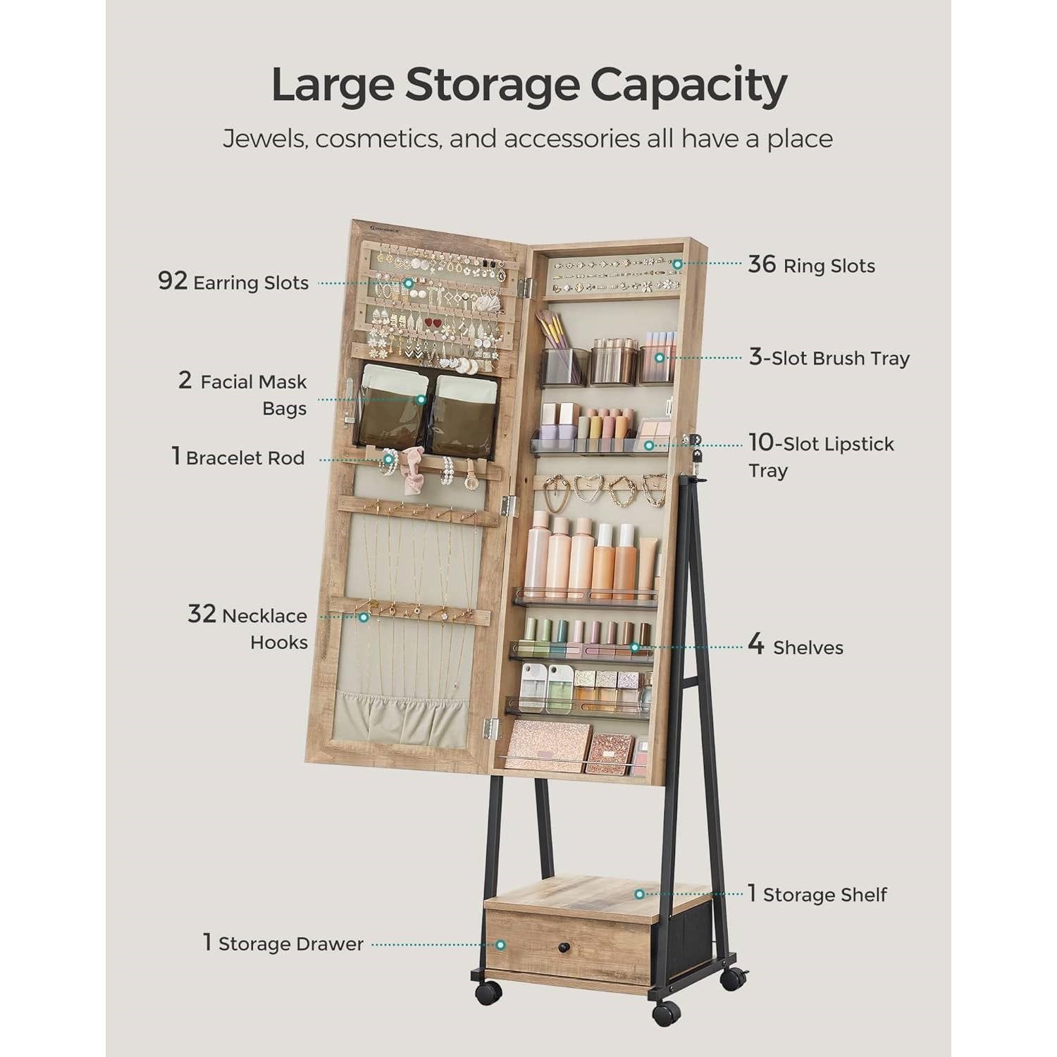 Industrial Modern Metal Wood Jewelry Armoire Cabinet Organizer Mirror on Wheels-1