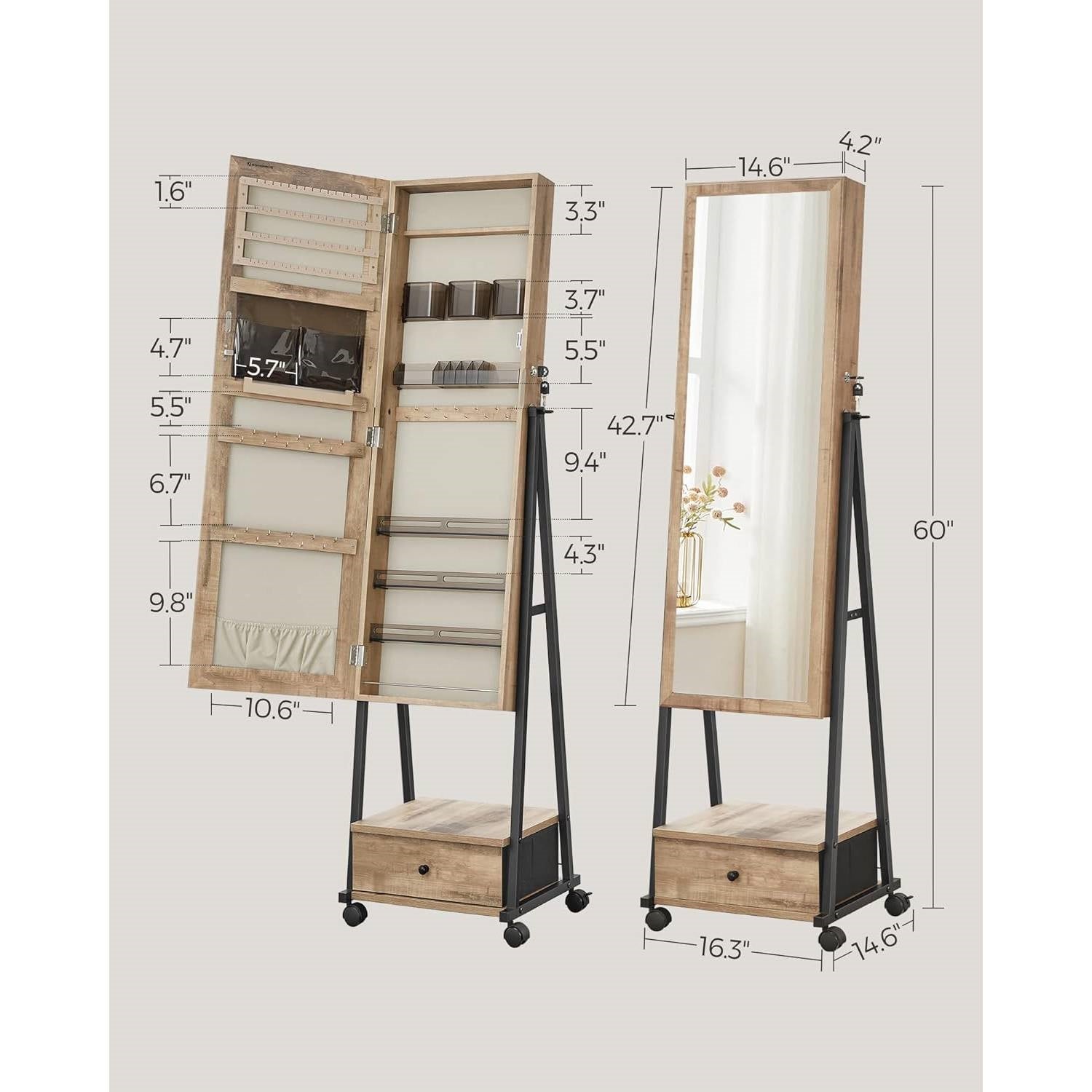 Industrial Modern Metal Wood Jewelry Armoire Cabinet Organizer Mirror on Wheels-4