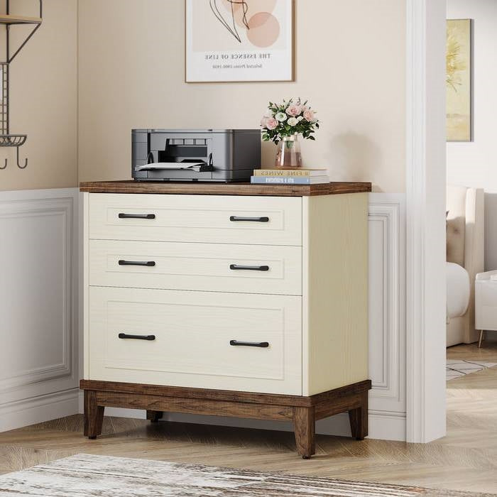 Vintage White/Rustic Brown 3 Drawer Filing Cabinet Printer Stand-1