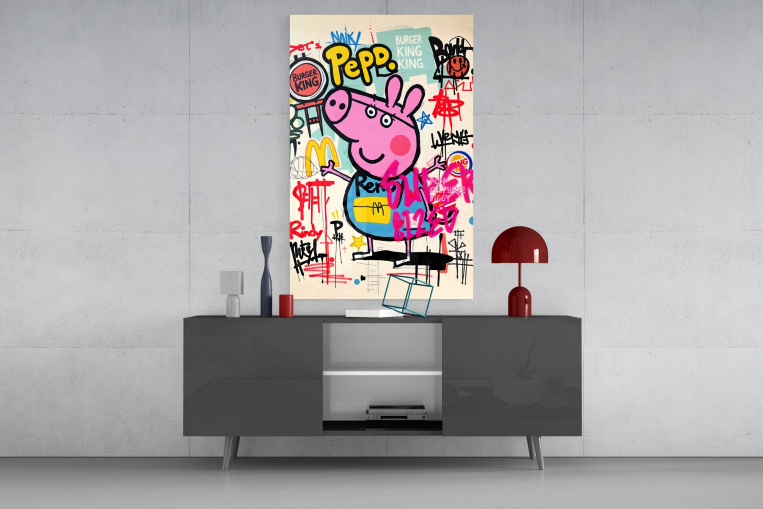 Urban Cartoon Piglet Glass Wall Art || Designer Collection