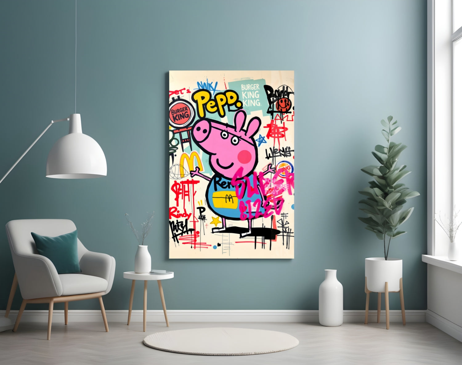Urban Cartoon Piglet Glass Wall Art || Designer Collection