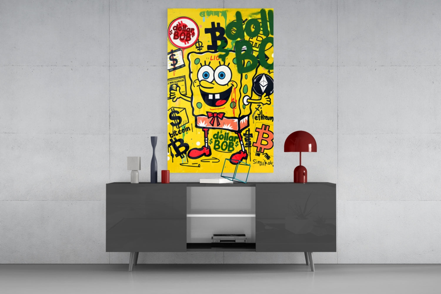 Crypto Yellow Sponge Cartoon Glass Wall Art || Designer Collection