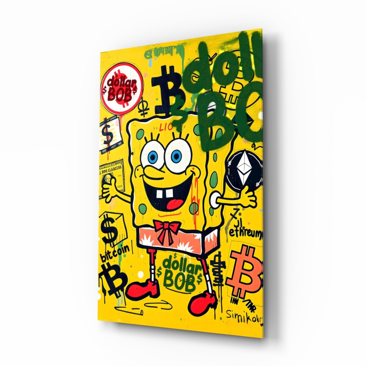 Crypto Yellow Sponge Cartoon Glass Wall Art || Designer Collection