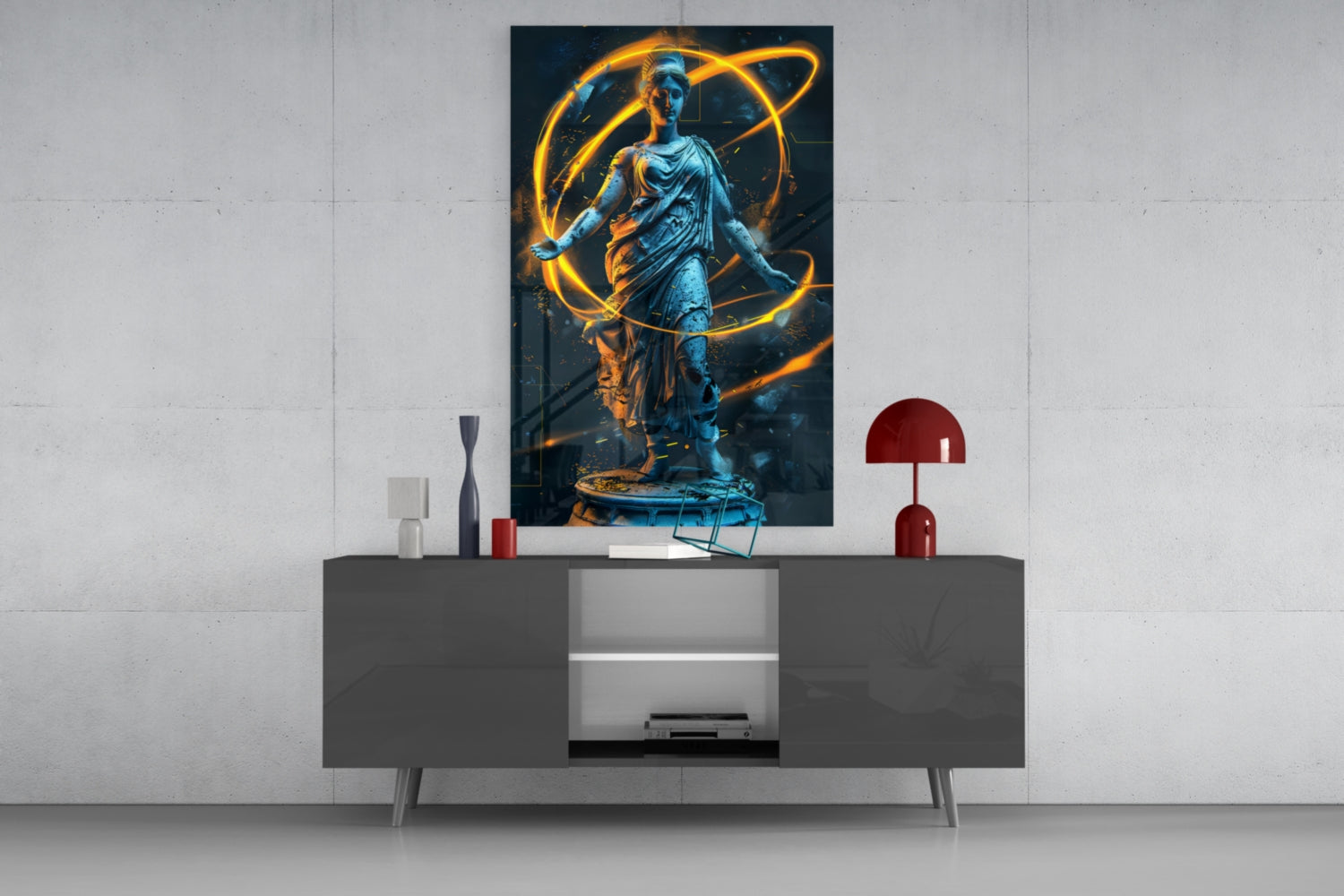 Blue Goddess Statue Gold Neon Rings Glass Wall Art