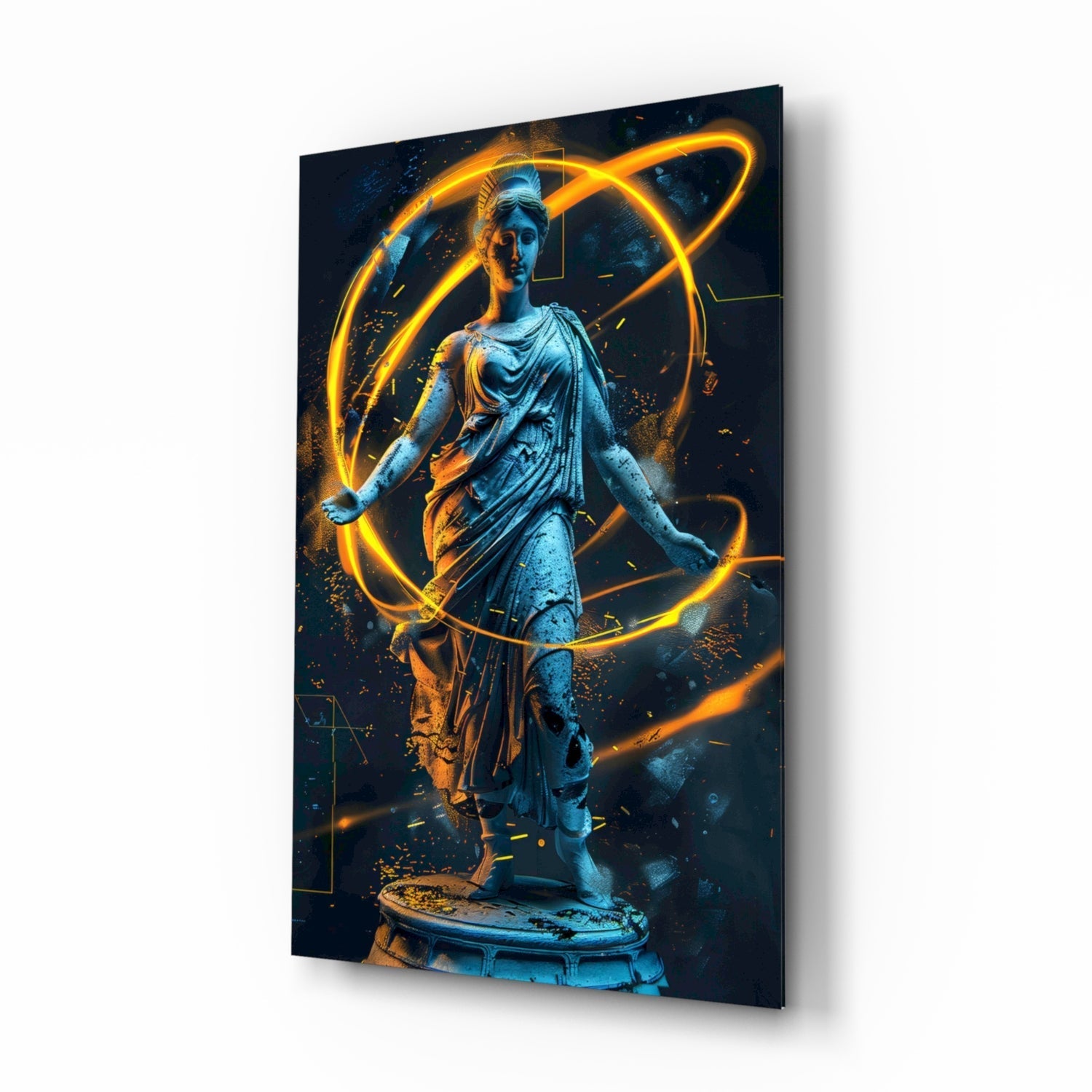 Blue Goddess Statue Gold Neon Rings Glass Wall Art