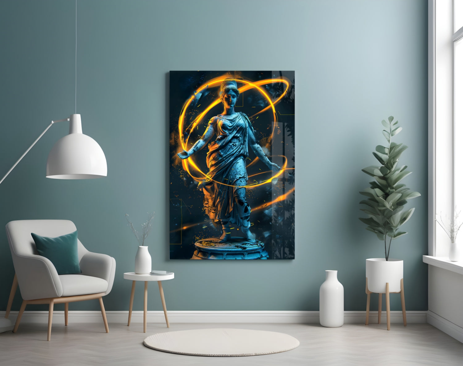 Blue Goddess Statue Gold Neon Rings Glass Wall Art