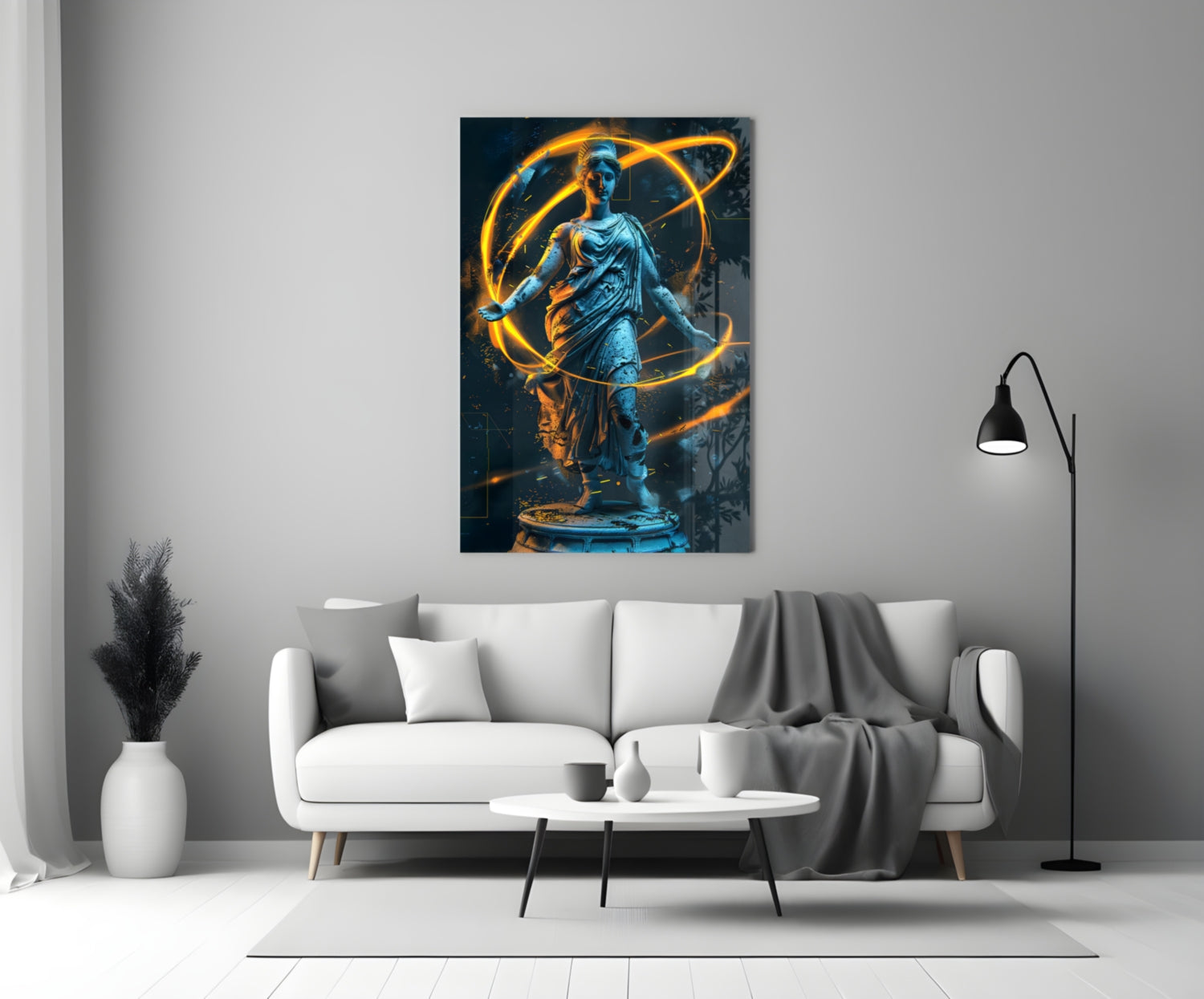 Blue Goddess Statue Gold Neon Rings Glass Wall Art
