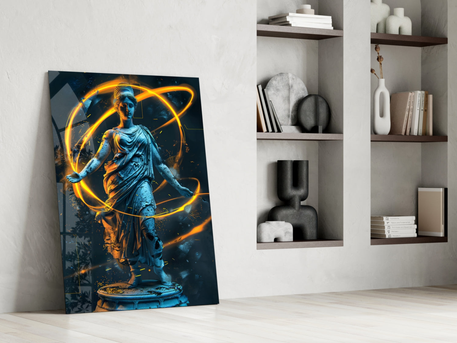 Blue Goddess Statue Gold Neon Rings Glass Wall Art