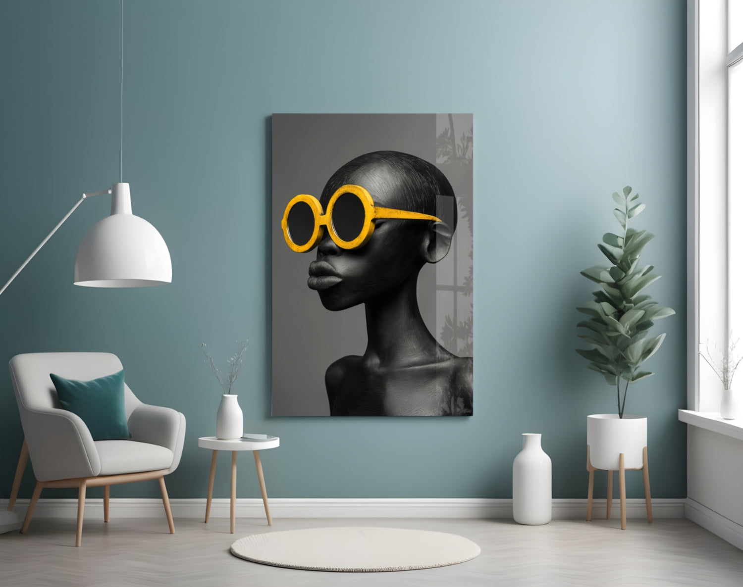 Yellow Round Sunglasses Gray Portrait Glass Wall Art