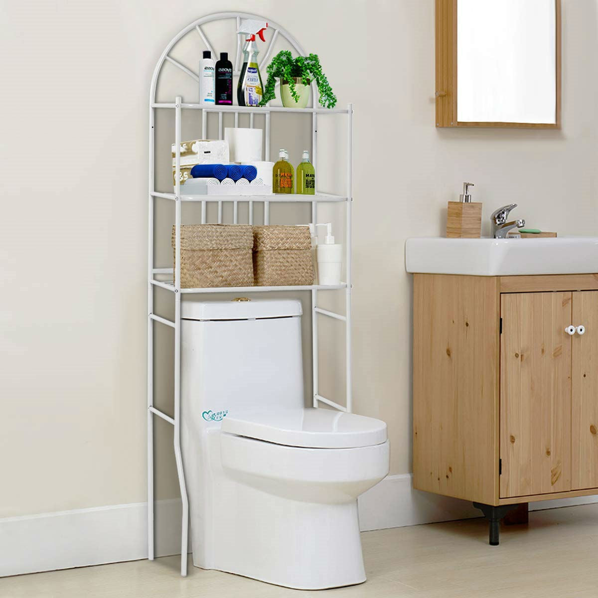 Over Toilet Bathroom Space Saving Storage Shelving Unit in White Metal Finish-1