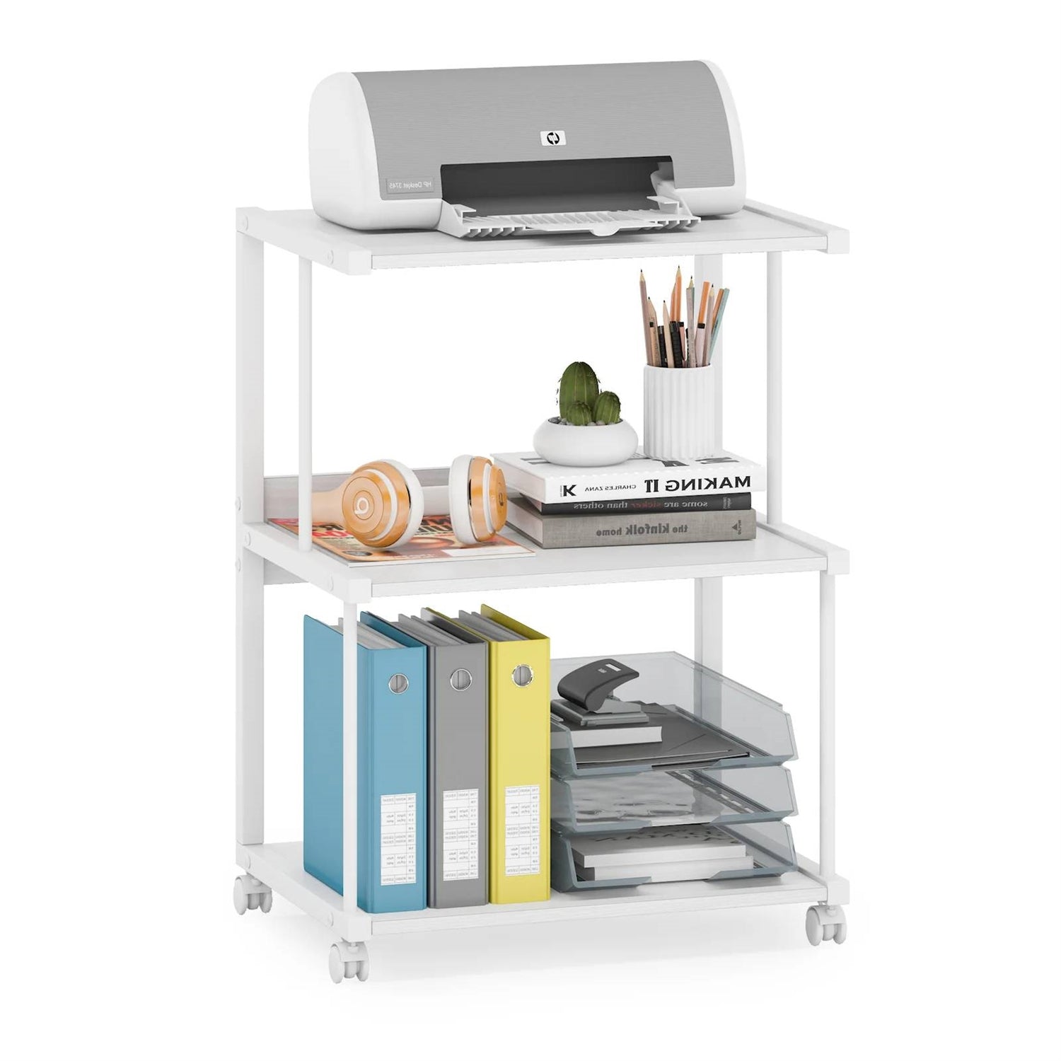 Modern White Metal 3-Shelf Printer Stand Mobile Desk Organizer Cart on Wheels-0