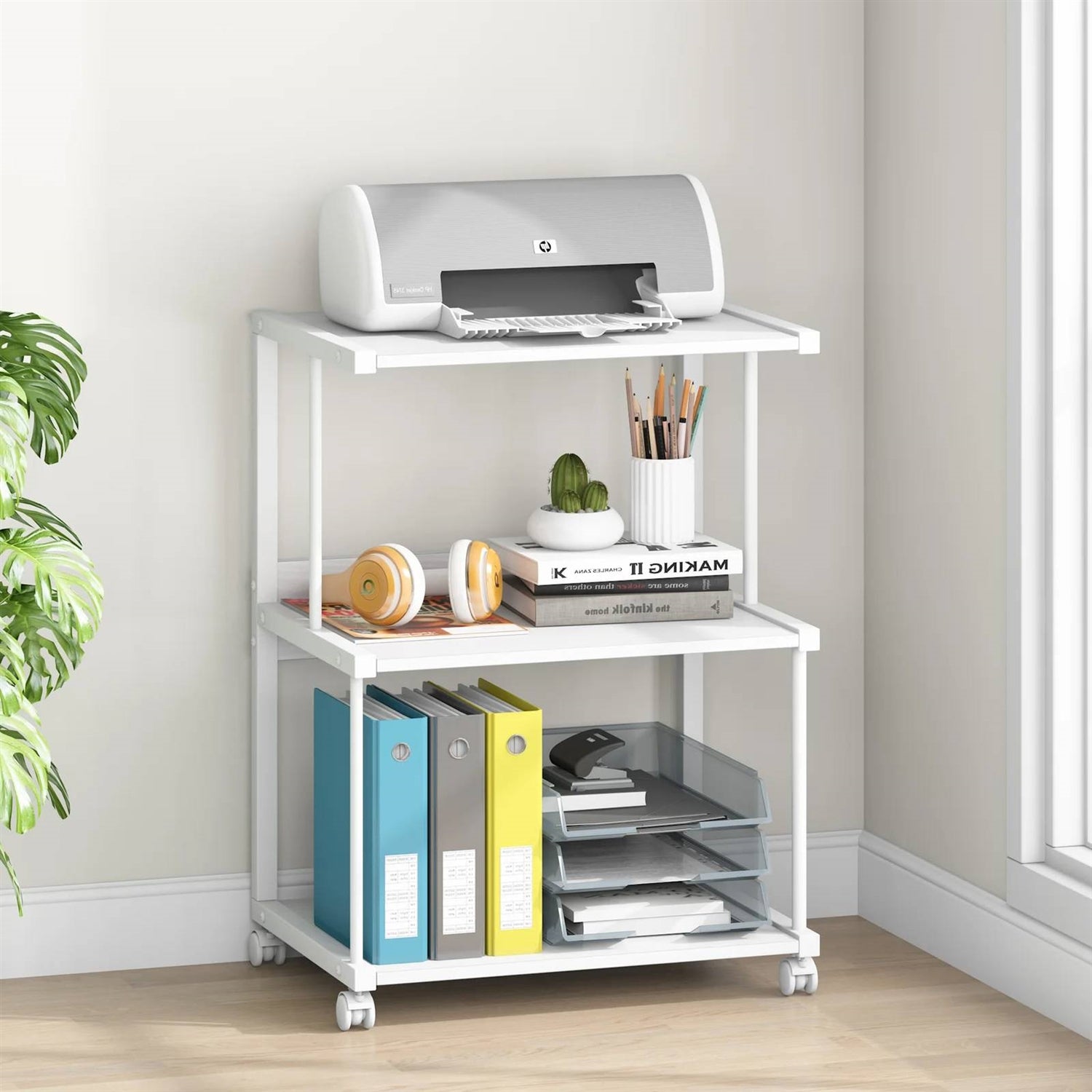 Modern White Metal 3-Shelf Printer Stand Mobile Desk Organizer Cart on Wheels-1