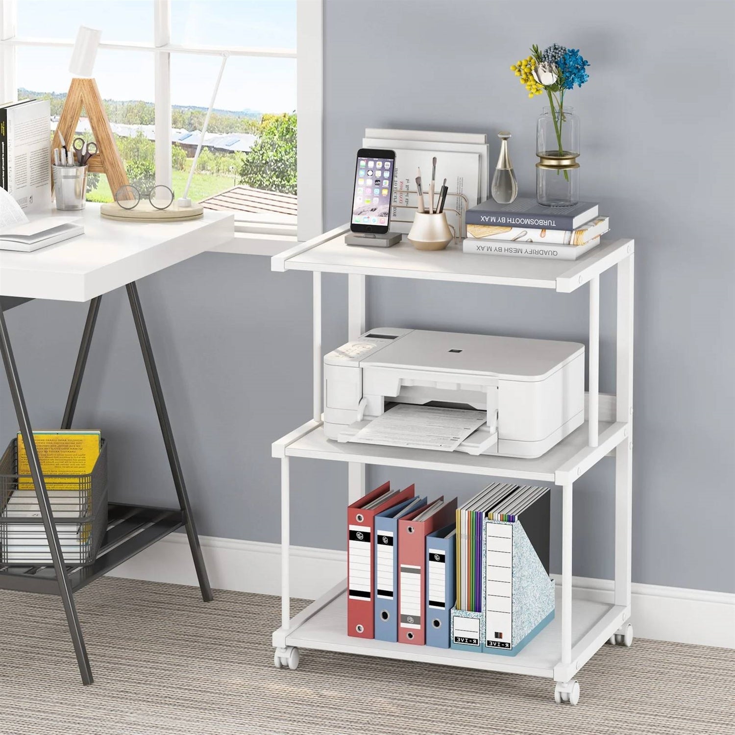 Modern White Metal 3-Shelf Printer Stand Mobile Desk Organizer Cart on Wheels-3