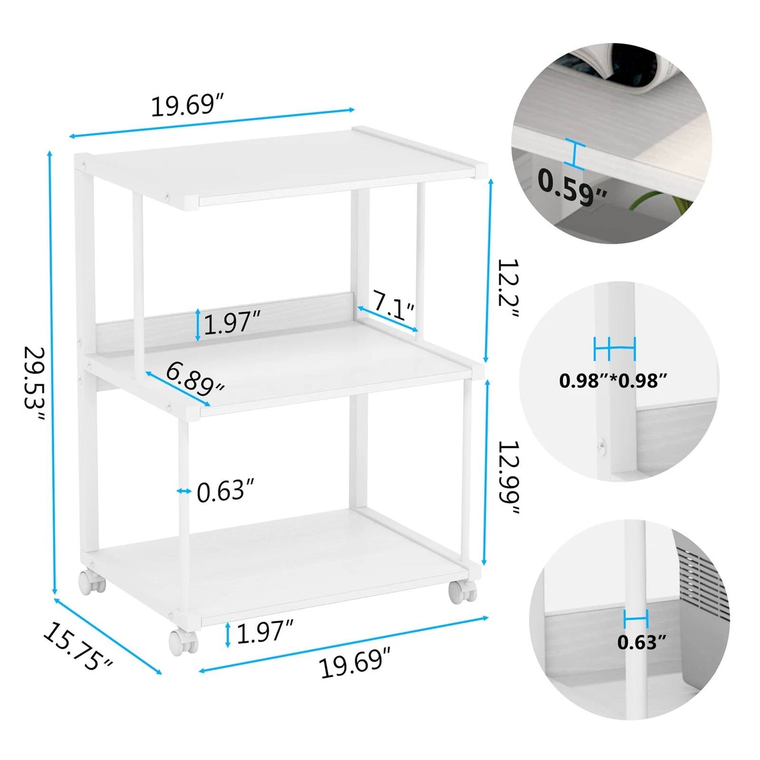 Modern White Metal 3-Shelf Printer Stand Mobile Desk Organizer Cart on Wheels-4