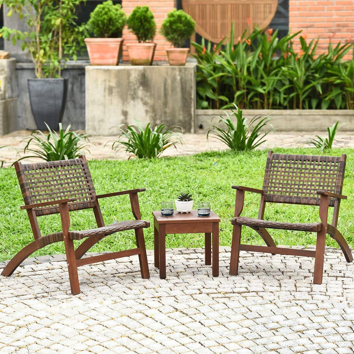 Solid Wood and Rattan 3-Piece Outdoor Patio Furniture Table Chairs Set-1