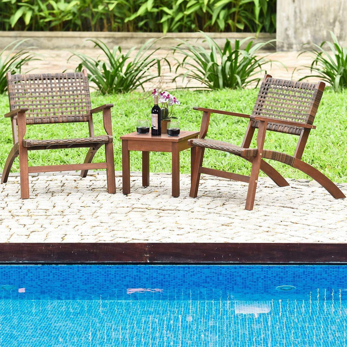 Solid Wood and Rattan 3-Piece Outdoor Patio Furniture Table Chairs Set-2