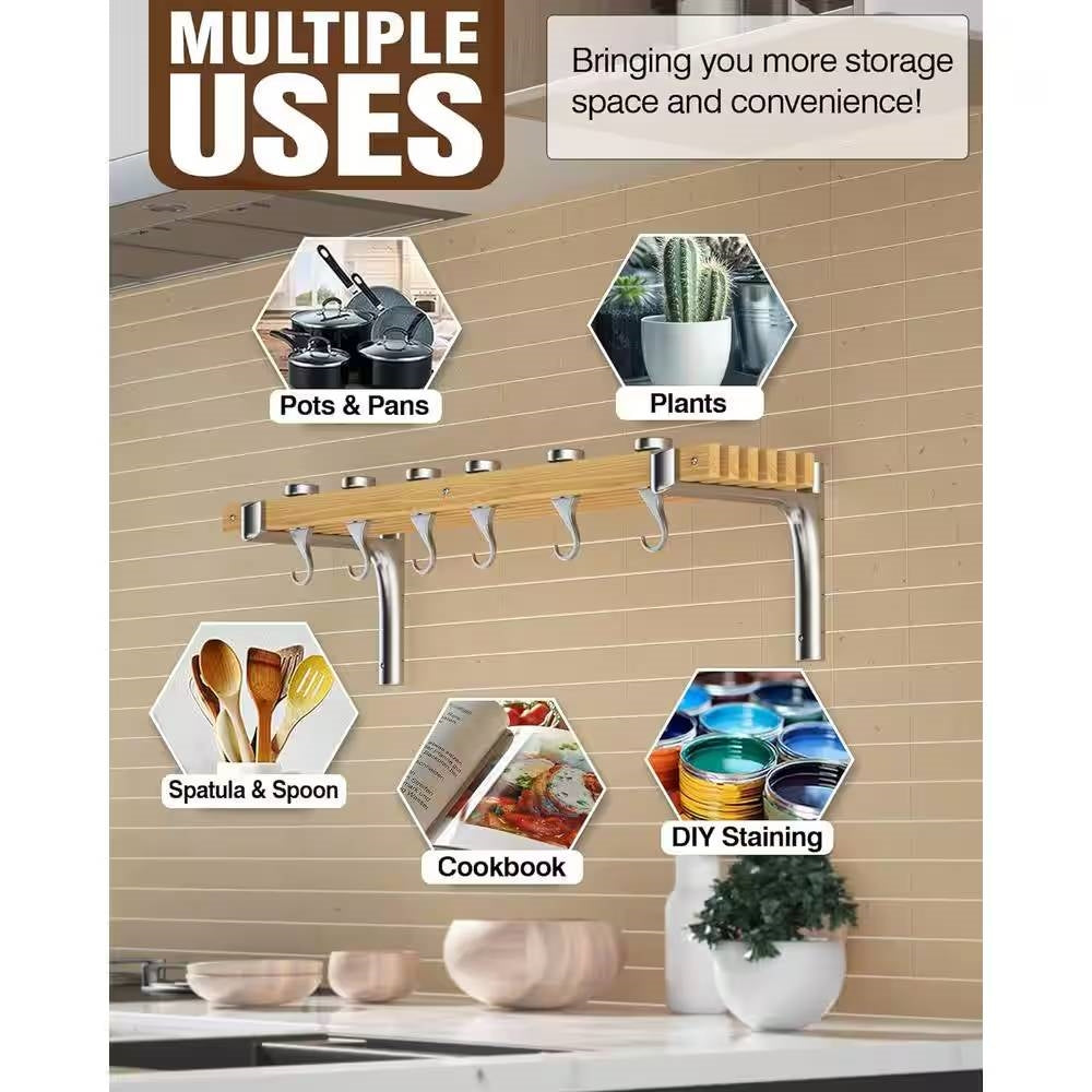 36-inch x 8-inch Wall Mounted Metal Wood Pot Rack with 6 Swivel Hooks-2