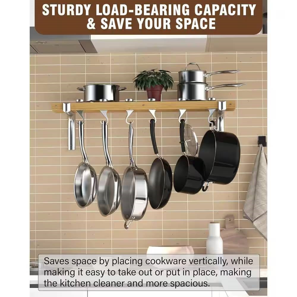 36-inch x 8-inch Wall Mounted Metal Wood Pot Rack with 6 Swivel Hooks-3