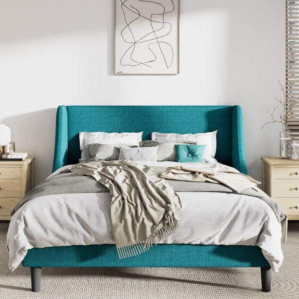 Full Size Turquoise Linen Blend Upholstered Platform Bed with Wingback Headboard-0