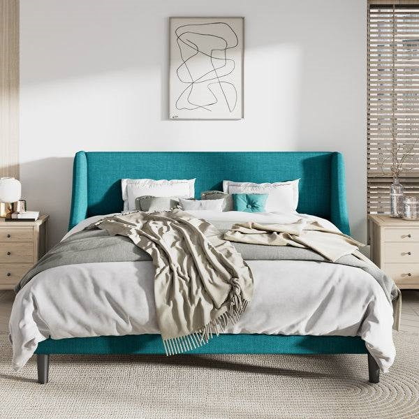 King Size Upholstered Linen Blend Headboard Wingback Platform Bed in Turquoise-0