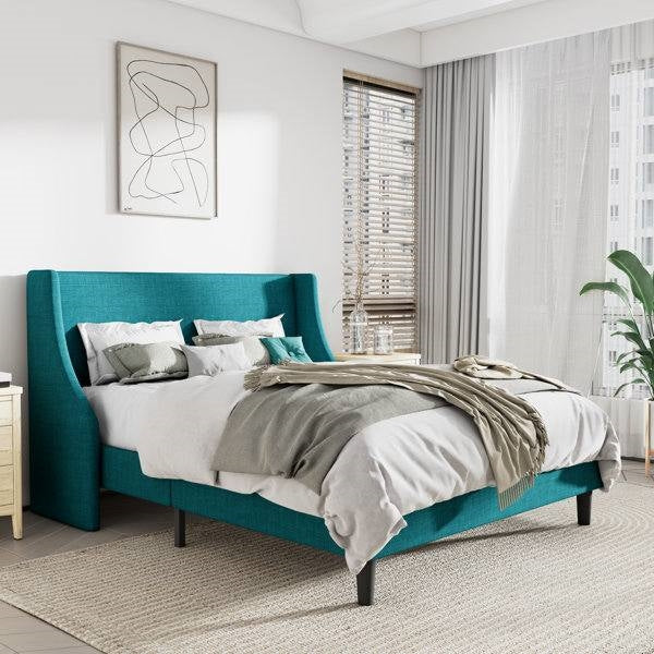 King Size Upholstered Linen Blend Headboard Wingback Platform Bed in Turquoise-1