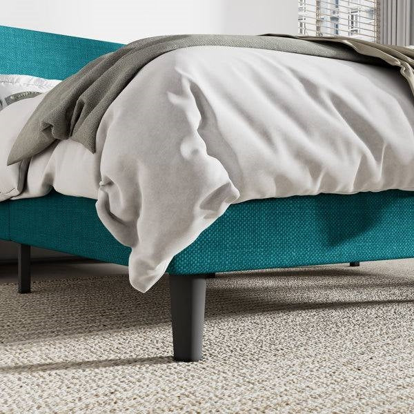 King Size Upholstered Linen Blend Headboard Wingback Platform Bed in Turquoise-3