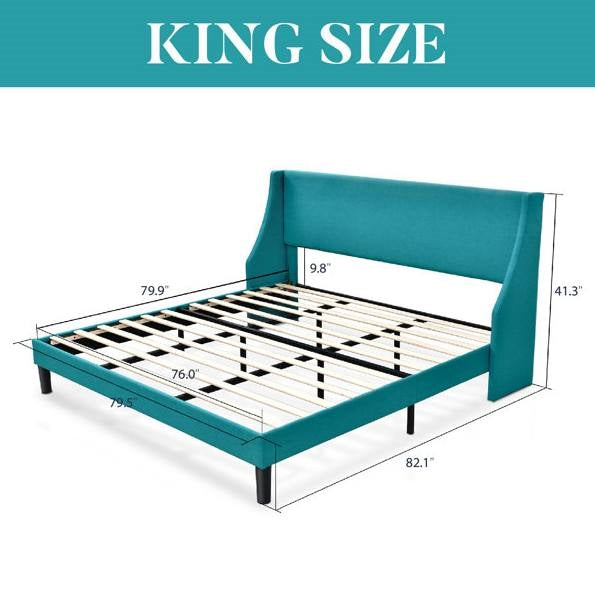 King Size Upholstered Linen Blend Headboard Wingback Platform Bed in Turquoise-4