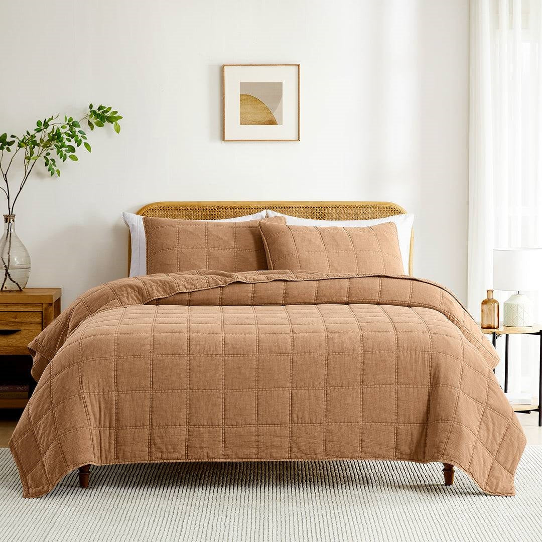 King / California King size Taupe Brown Sienna Faded Stone Washed Cotton Quilt-0