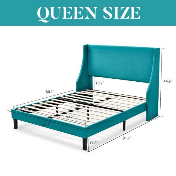 Queen Size Turquoise Linen Blend Upholstered Platform Bed with Wingback Headboard-4