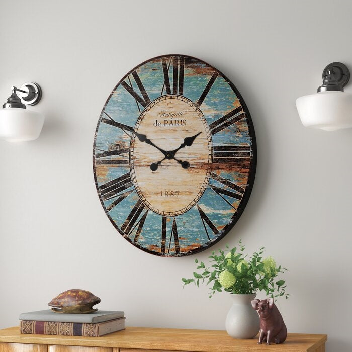 Turquoise Oversized Distressed Paris Wood Wall Clock-0