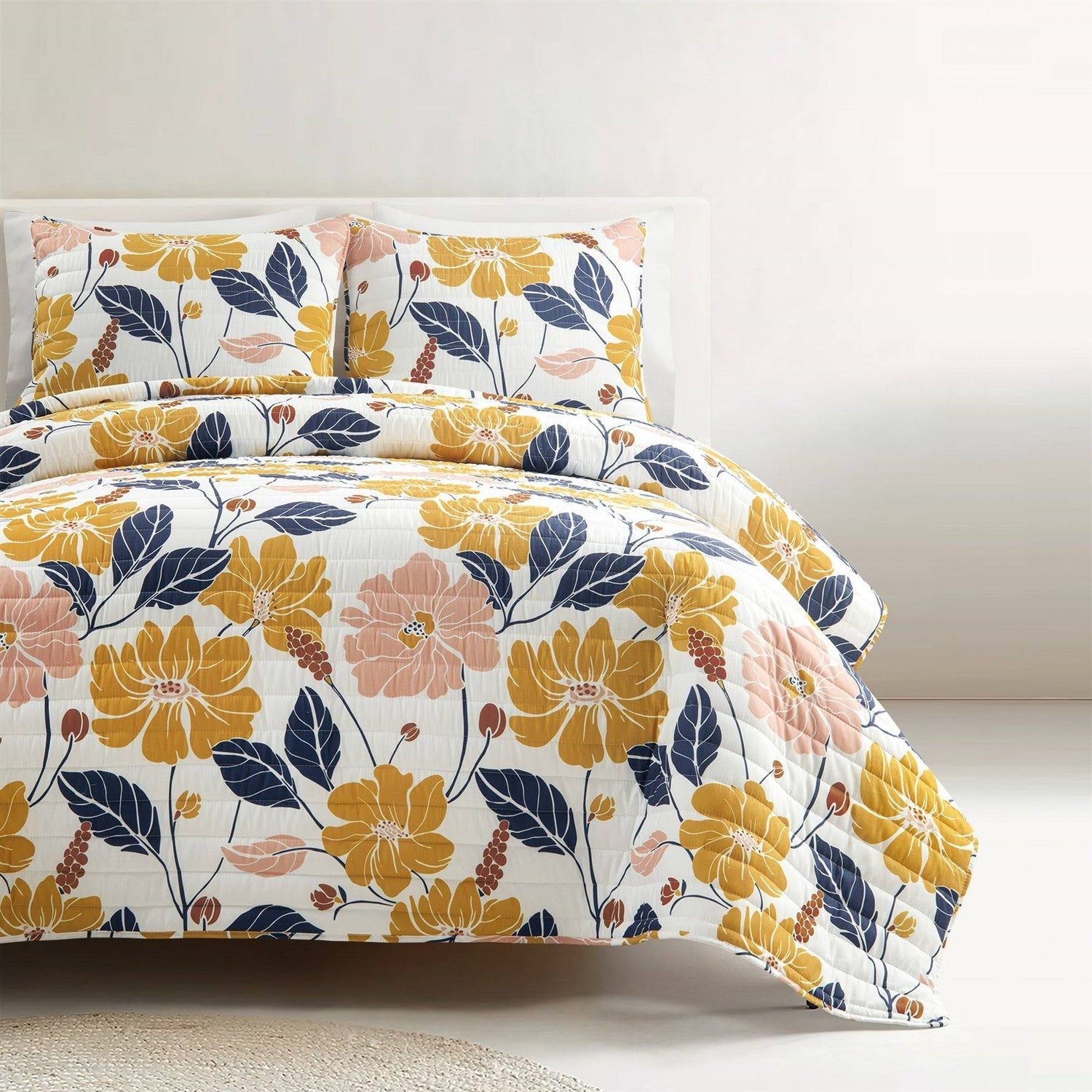 Twin/Twin XL Orange Yellow Pink Navy Blue Floral Flowers Lightweight Quilt Set-1