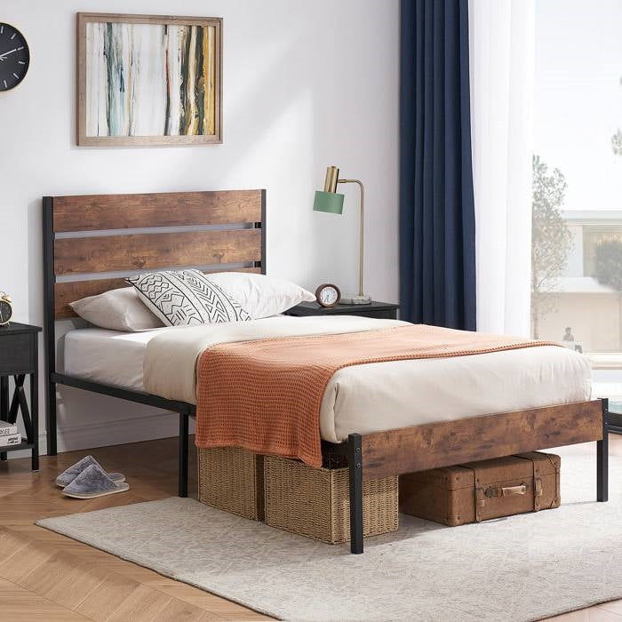 Twin Industrial Platform Bed Frame with Brown Wood Slatted Headboard Footboard-0