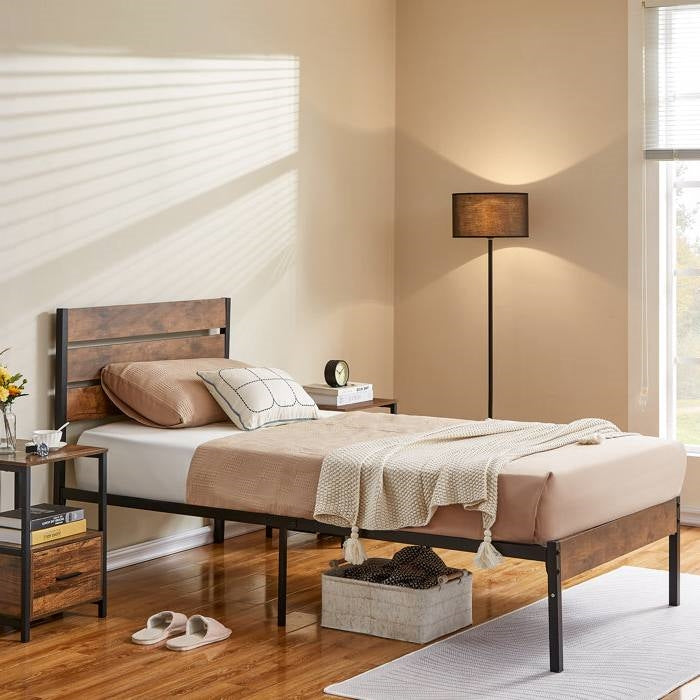 Twin Industrial Platform Bed Frame with Brown Wood Slatted Headboard Footboard-1