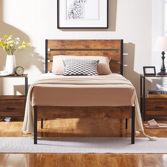 Twin Industrial Platform Bed Frame with Brown Wood Slatted Headboard Footboard-2