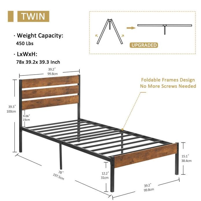 Twin Industrial Platform Bed Frame with Brown Wood Slatted Headboard Footboard-4