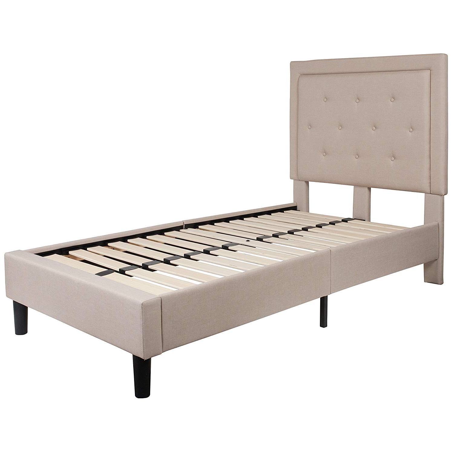 Twin Beige Fabric Upholstered Platform Bed with Button Tufted Headboard-0