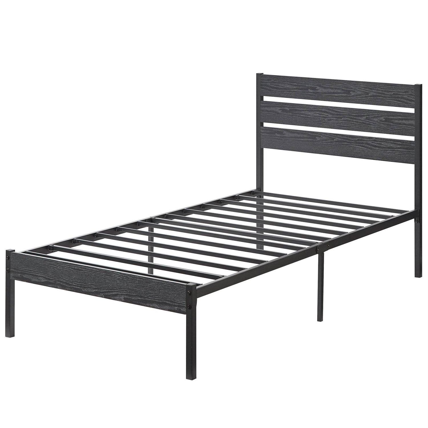 Twin size Industrial Platform Bed Frame with Wood Slatted Headboard in Black-0