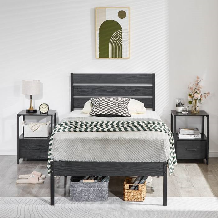 Twin size Industrial Platform Bed Frame with Wood Slatted Headboard in Black-1