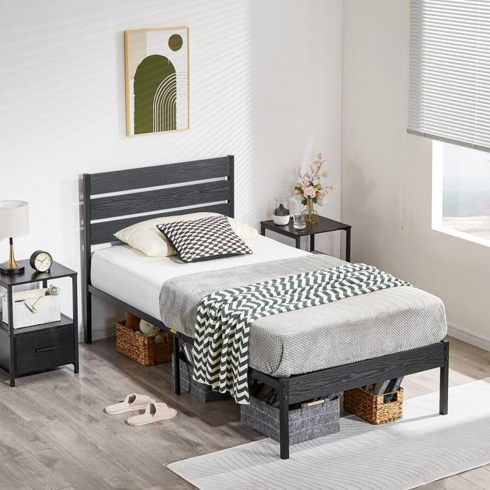 Twin size Industrial Platform Bed Frame with Wood Slatted Headboard in Black-2