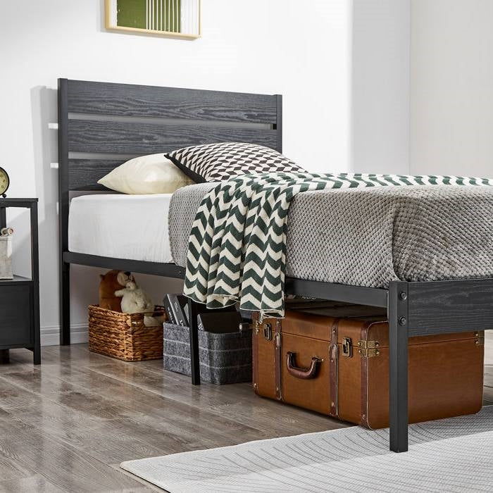 Twin size Industrial Platform Bed Frame with Wood Slatted Headboard in Black-3