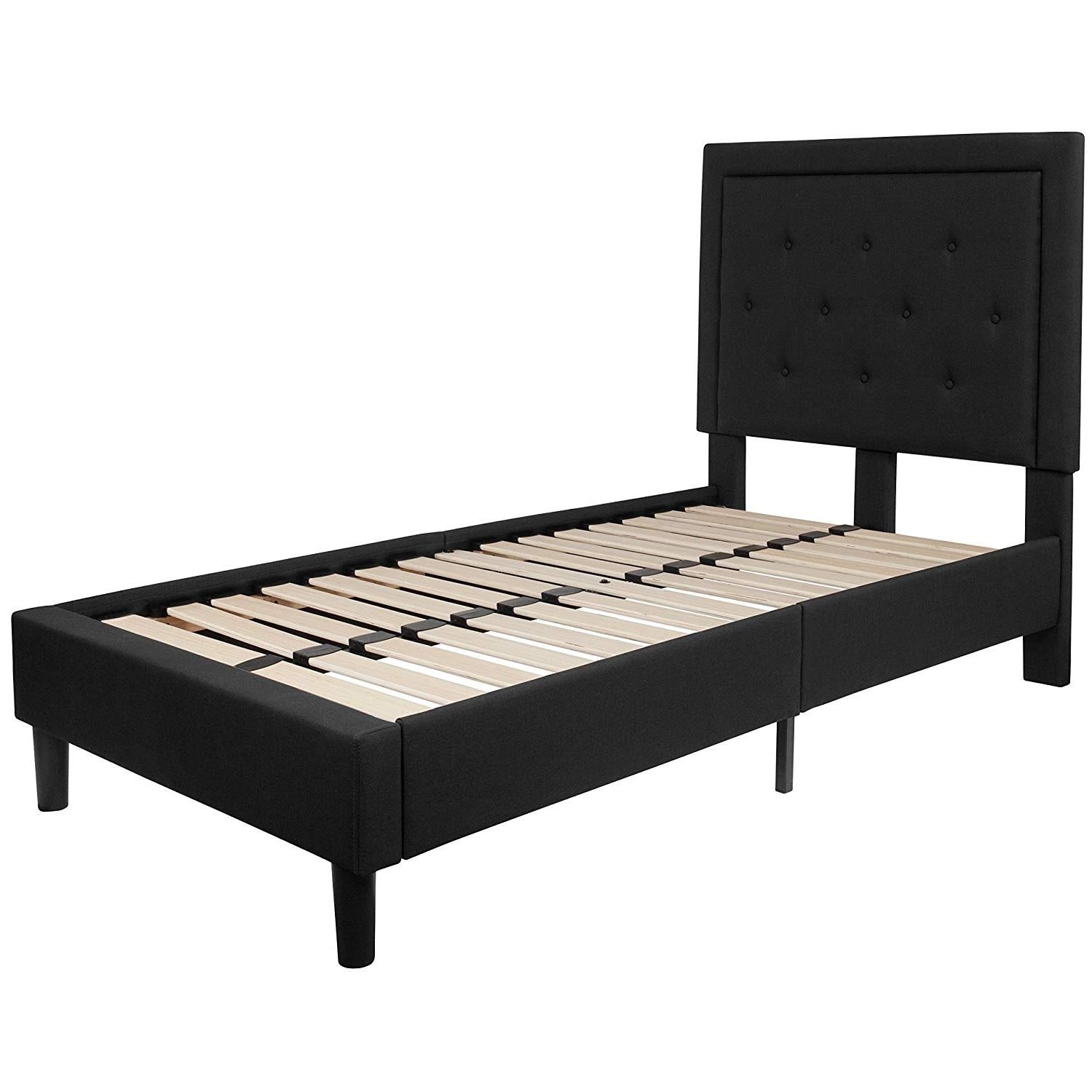 Twin Black Fabric Upholstered Platform Bed Frame with Tufted Headboard-0