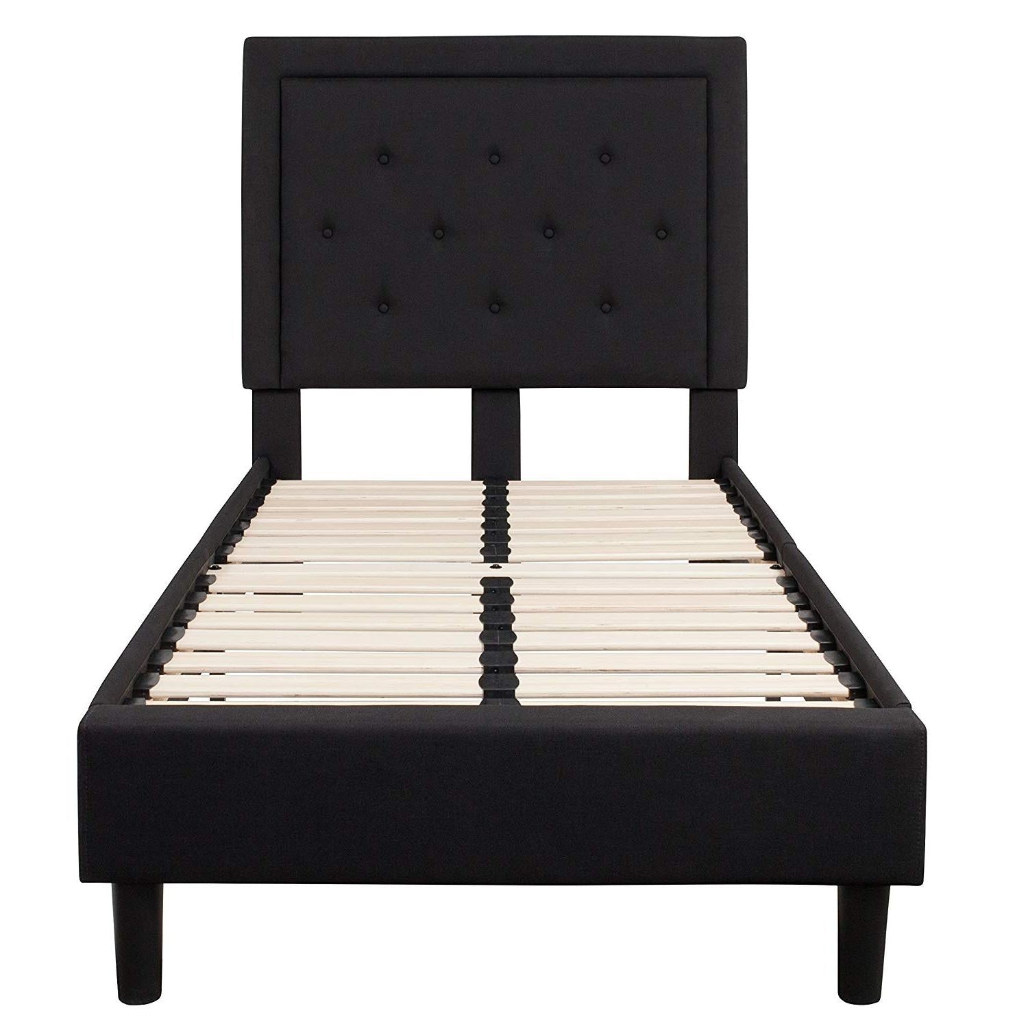 Twin Black Fabric Upholstered Platform Bed Frame with Tufted Headboard-1