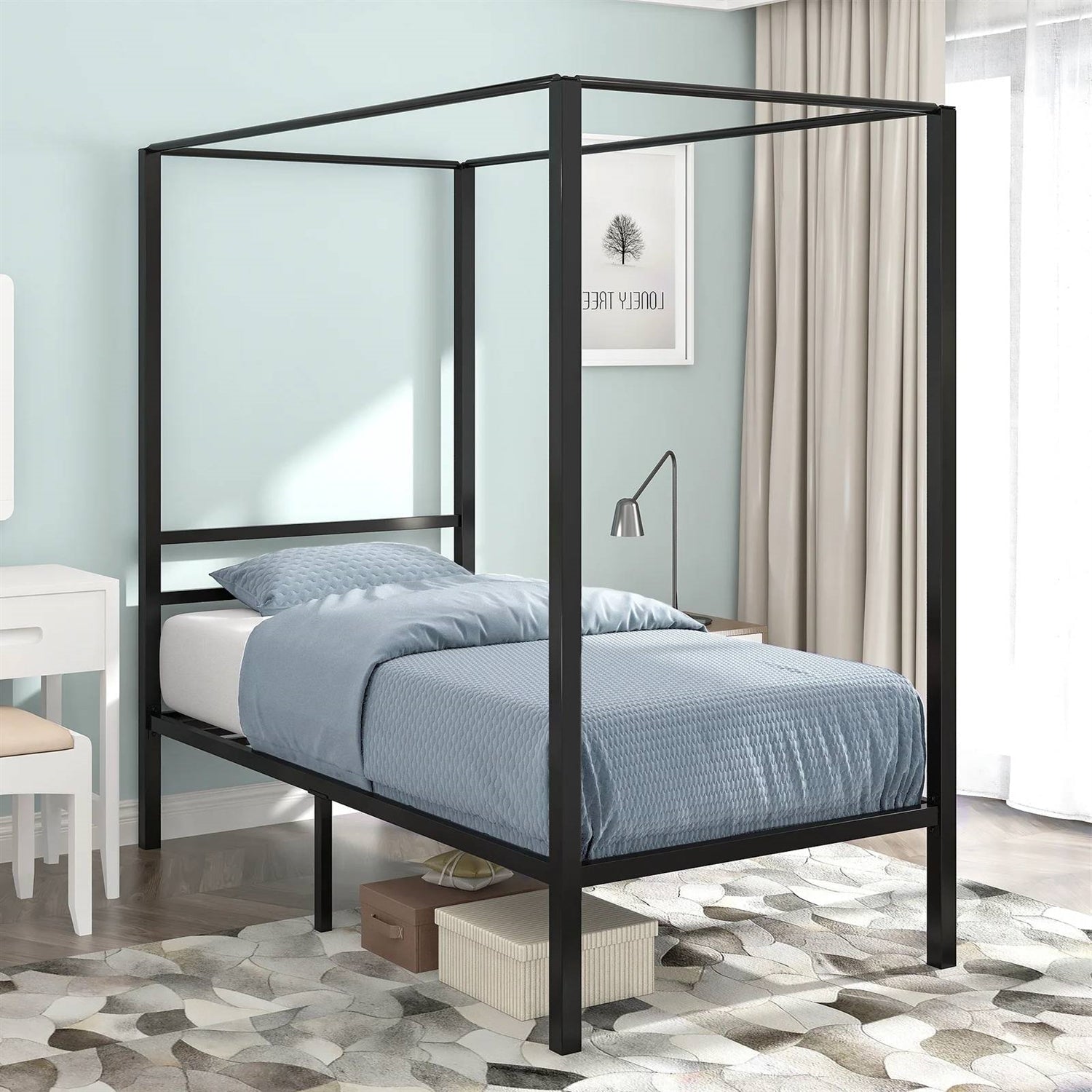 Twin size Modern Four Poster Metal Canopy Bed in Black Finish-0