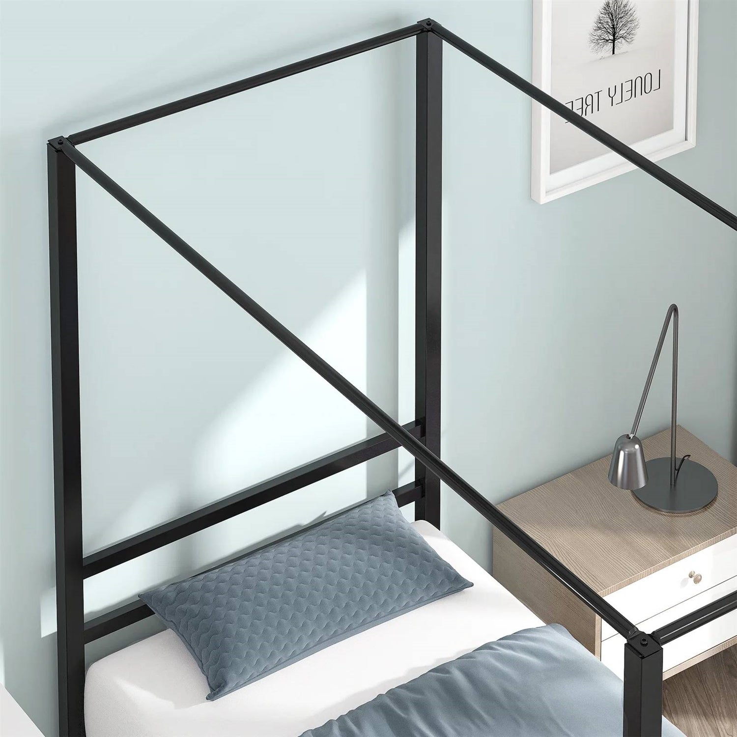 Twin size Modern Four Poster Metal Canopy Bed in Black Finish-1