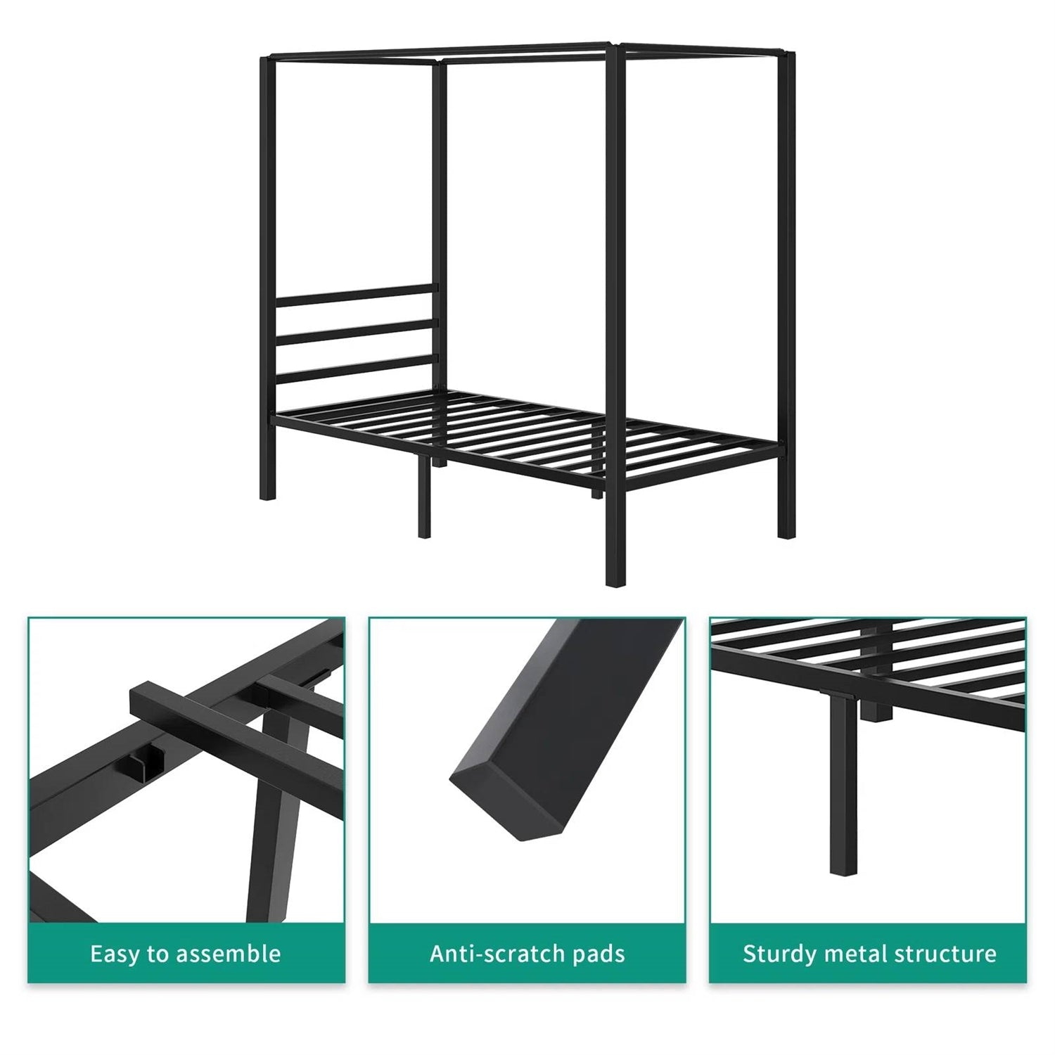 Twin size Modern Four Poster Metal Canopy Bed in Black Finish-3