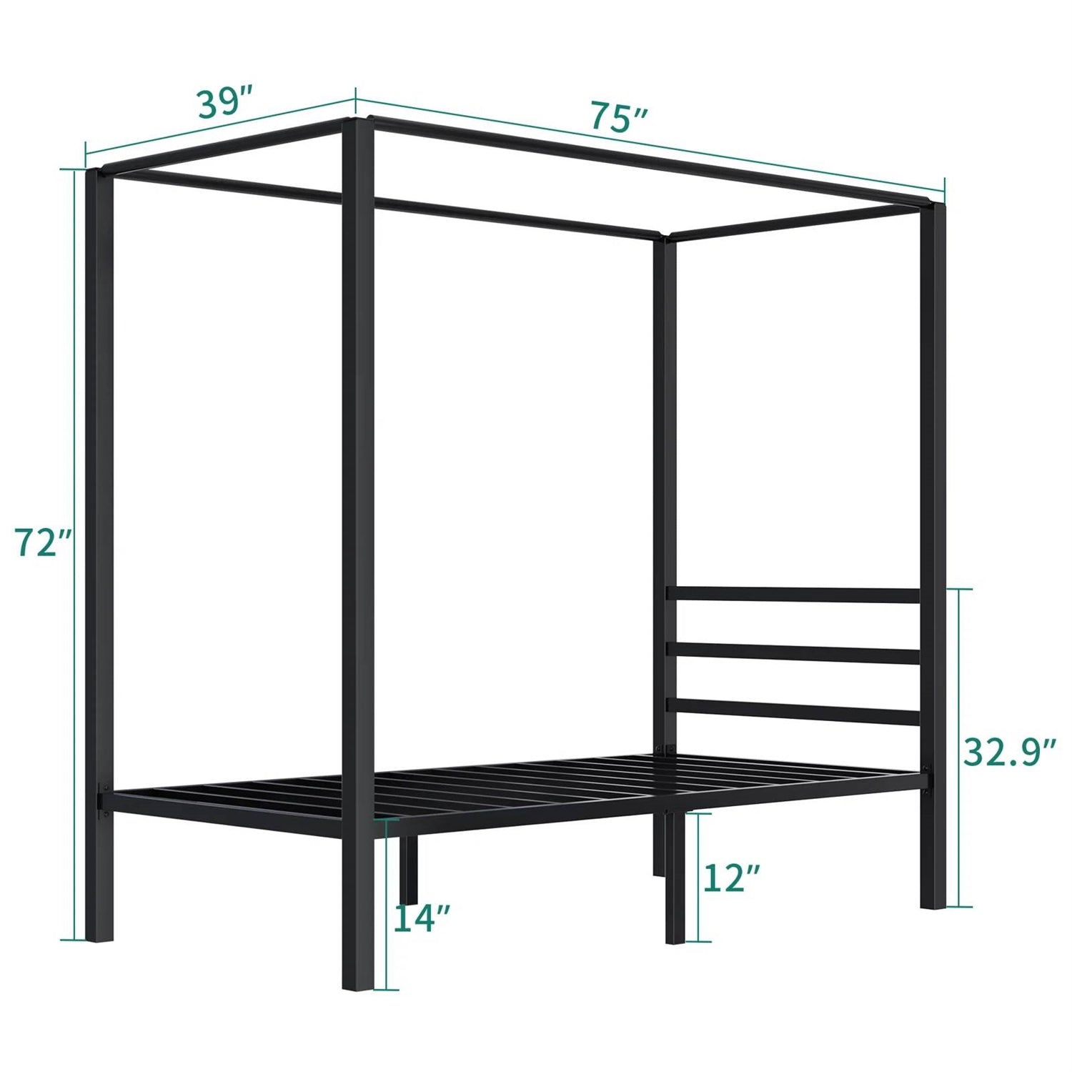 Twin size Modern Four Poster Metal Canopy Bed in Black Finish-4