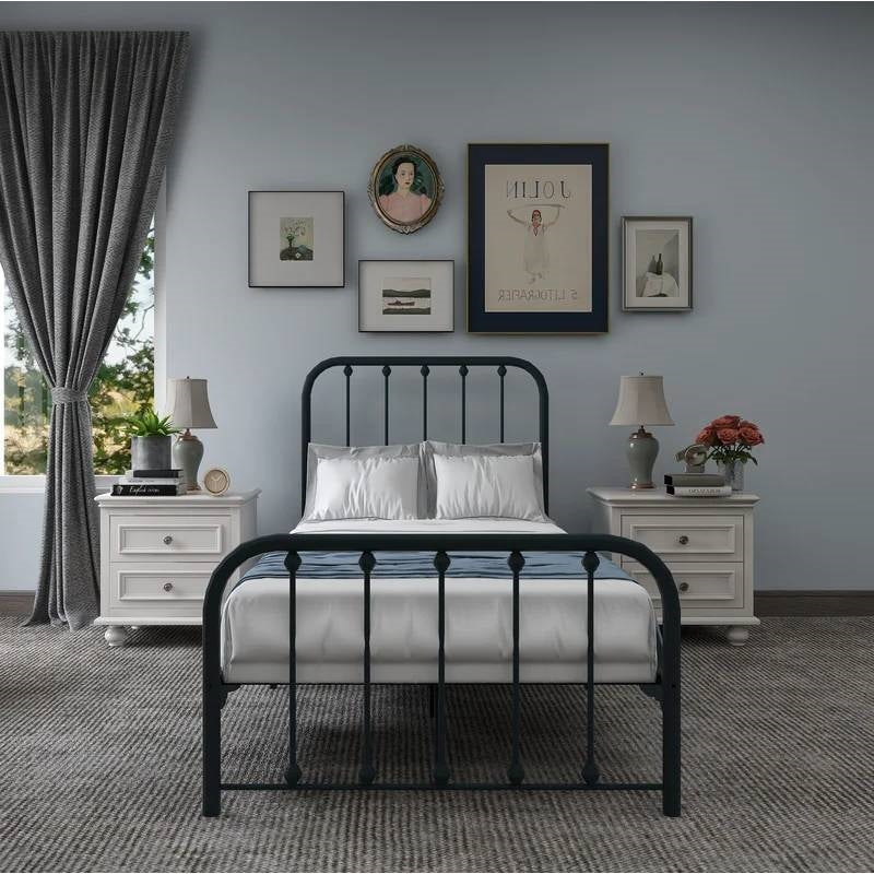 Twin Black Metal Bed Frame with Slatted Rounded Corners Headboard and Footboard-2