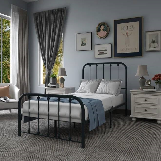 Twin Black Metal Bed Frame with Slatted Rounded Corners Headboard and Footboard-3